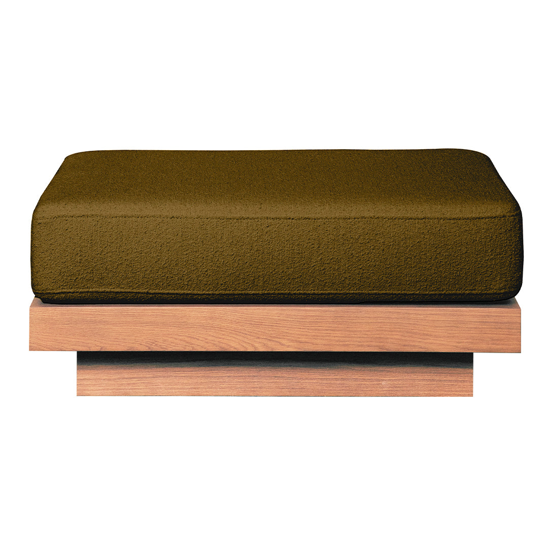 Olive green cushion on a sleek wooden base, featuring a modern, minimalist design. Perfect for contemporary decor.