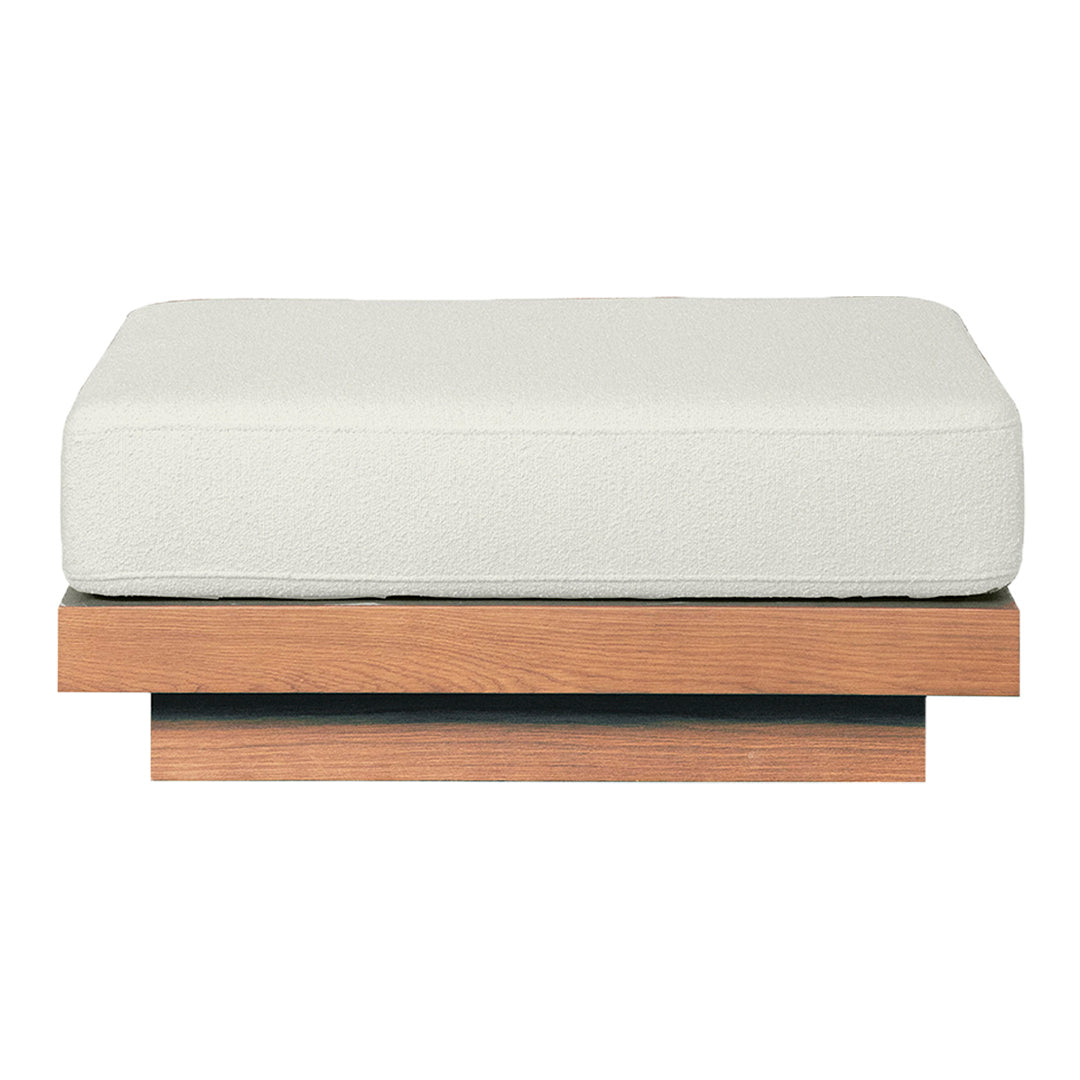 White cushion on a sleek wooden base with a natural wood finish, perfect for modern outdoor seating.