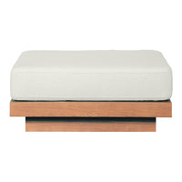 White cushion on a sleek wooden base with a natural wood finish, perfect for modern outdoor seating.