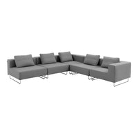 Modern L-shaped gray sectional sofa with soft cushions and clean lines, featuring a sleek silver metal base.