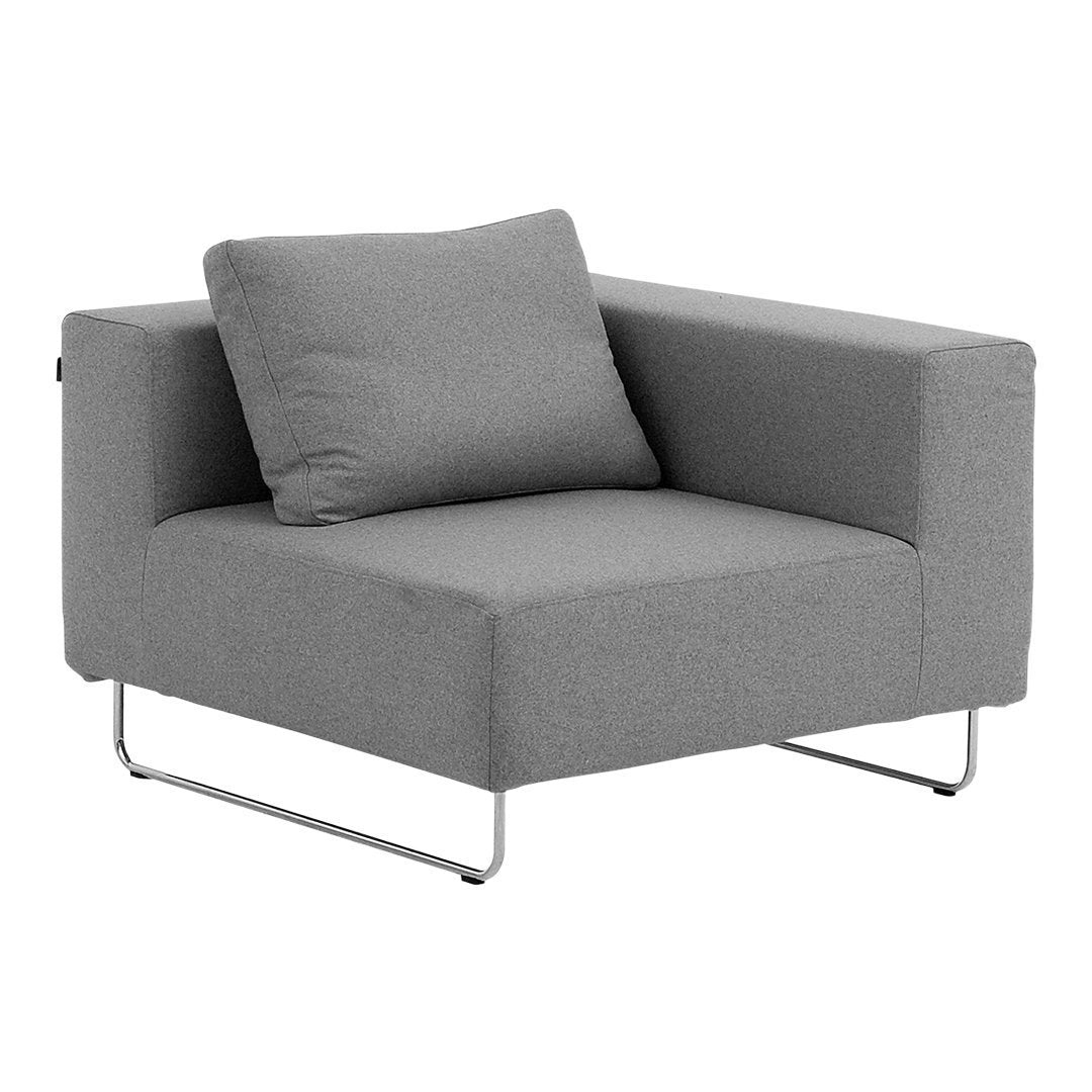 Gray minimalist armchair with a square design and matching cushion, featuring a sleek metallic frame.