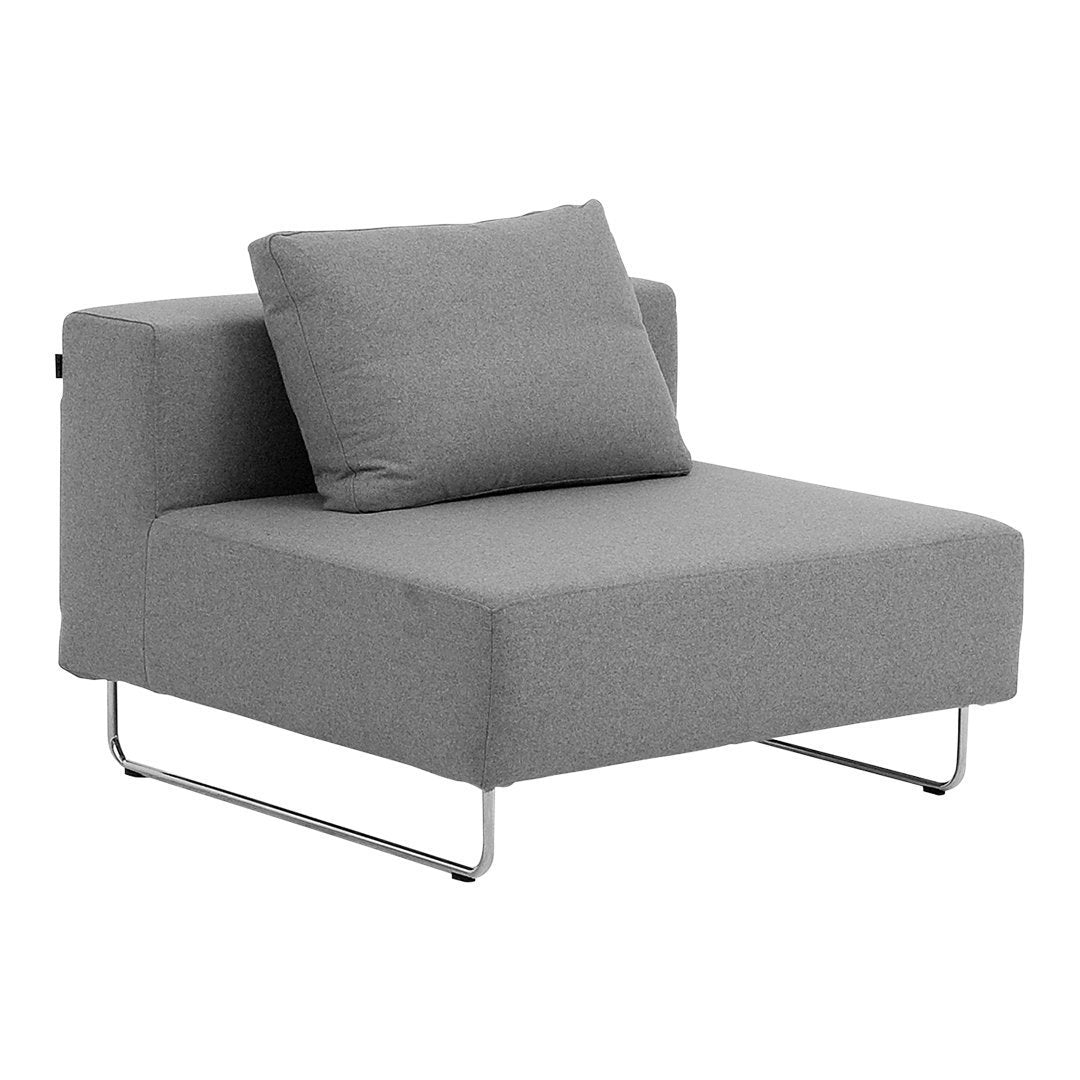 Gray upholstered chair with a minimalist design, featuring smooth fabric and a single matching cushion.