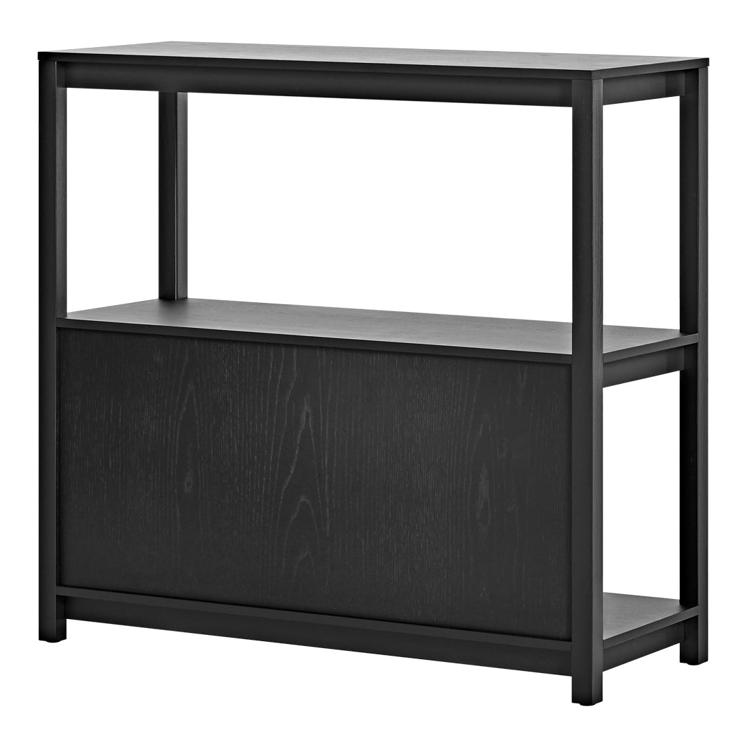 Stylish black wooden console table with sleek, modern design and open shelving for versatile storage.
