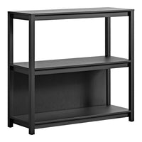 Sleek black metal shelving unit with a minimalist design and clean lines, ideal for modern decor.