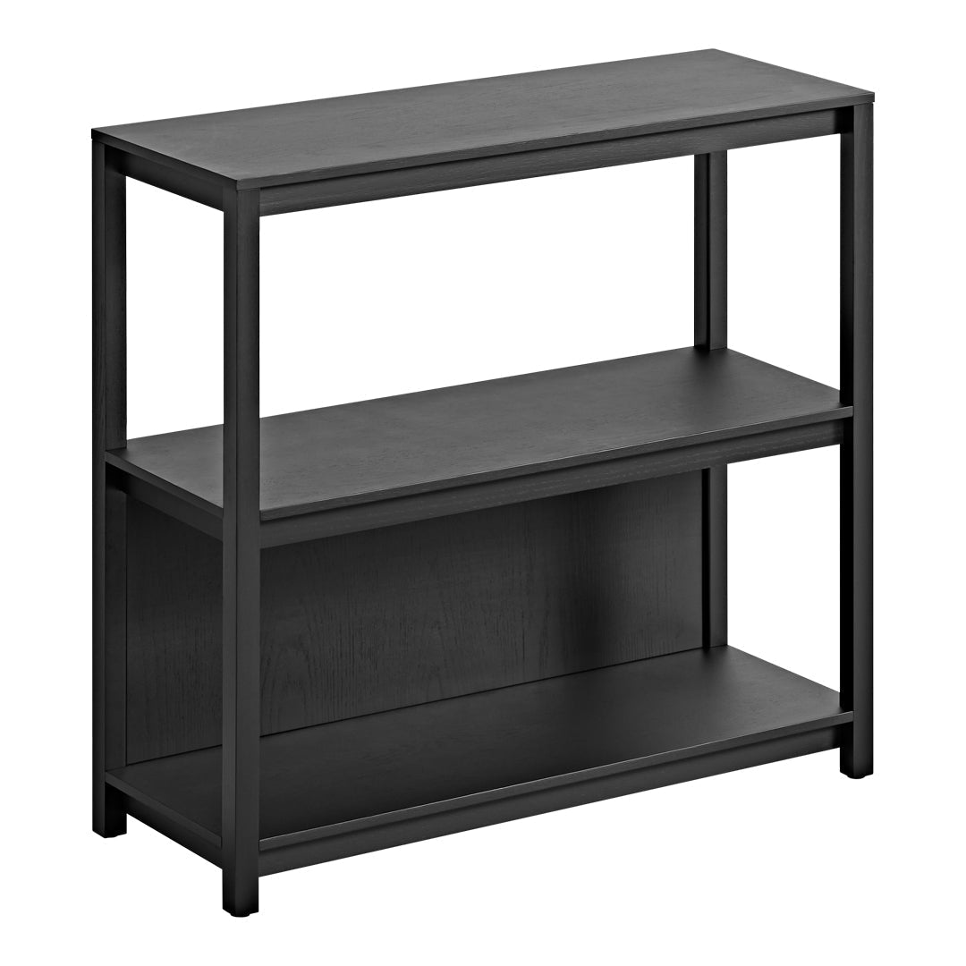 Black metal shelf unit with a sleek, minimalist design featuring two open shelves and a solid top surface.