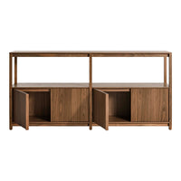 Wooden console table in rich walnut finish with smooth surfaces and minimalistic design featuring open and closed storage.