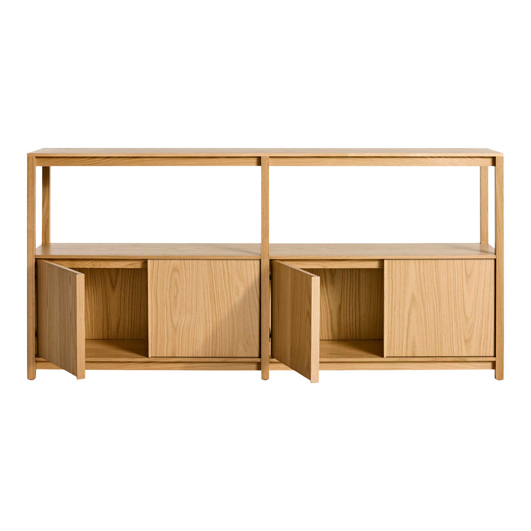 Light wood sideboard featuring a minimalist design with two open shelves and four square, light-colored cabinet doors.