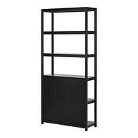Black, minimalist bookshelf with open shelves and textured panel design for modern decor.