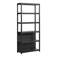 Black metal bookshelf with sleek lines and open shelving design, featuring a minimalist style and modern aesthetic.