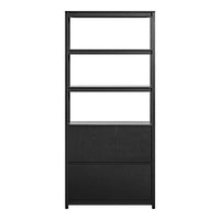 Sleek black bookshelf with smooth surfaces and four open shelves, perfect for modern decor.