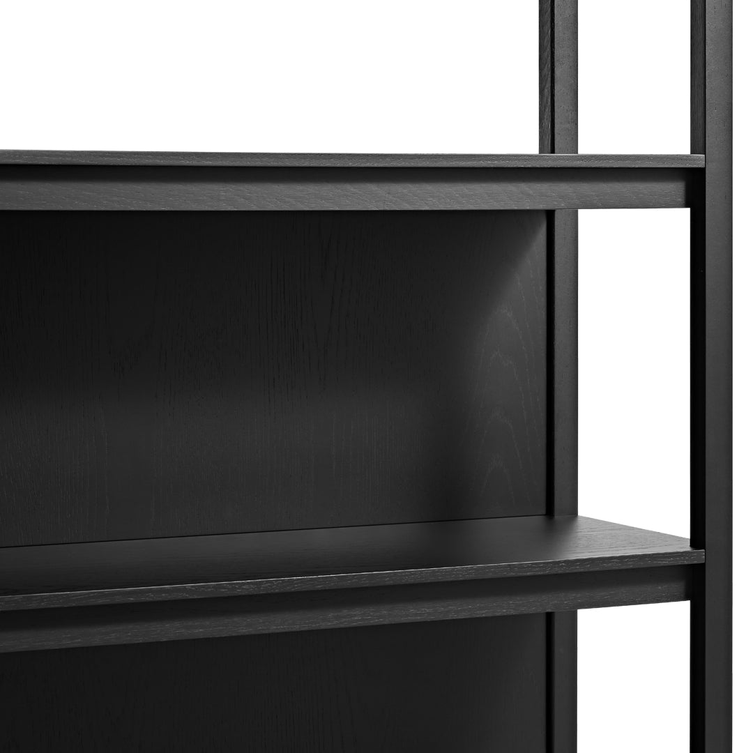 Black wooden bookshelf with a sleek, minimalist design featuring clean lines and smooth surfaces.