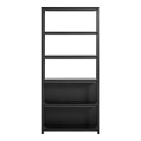 Sleek black metal shelving unit with minimalist design and smooth surfaces, featuring four open shelves and two drawers.