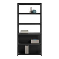 Black metal bookshelf with clean lines and open shelving, showcasing a minimalist design with no patterns.