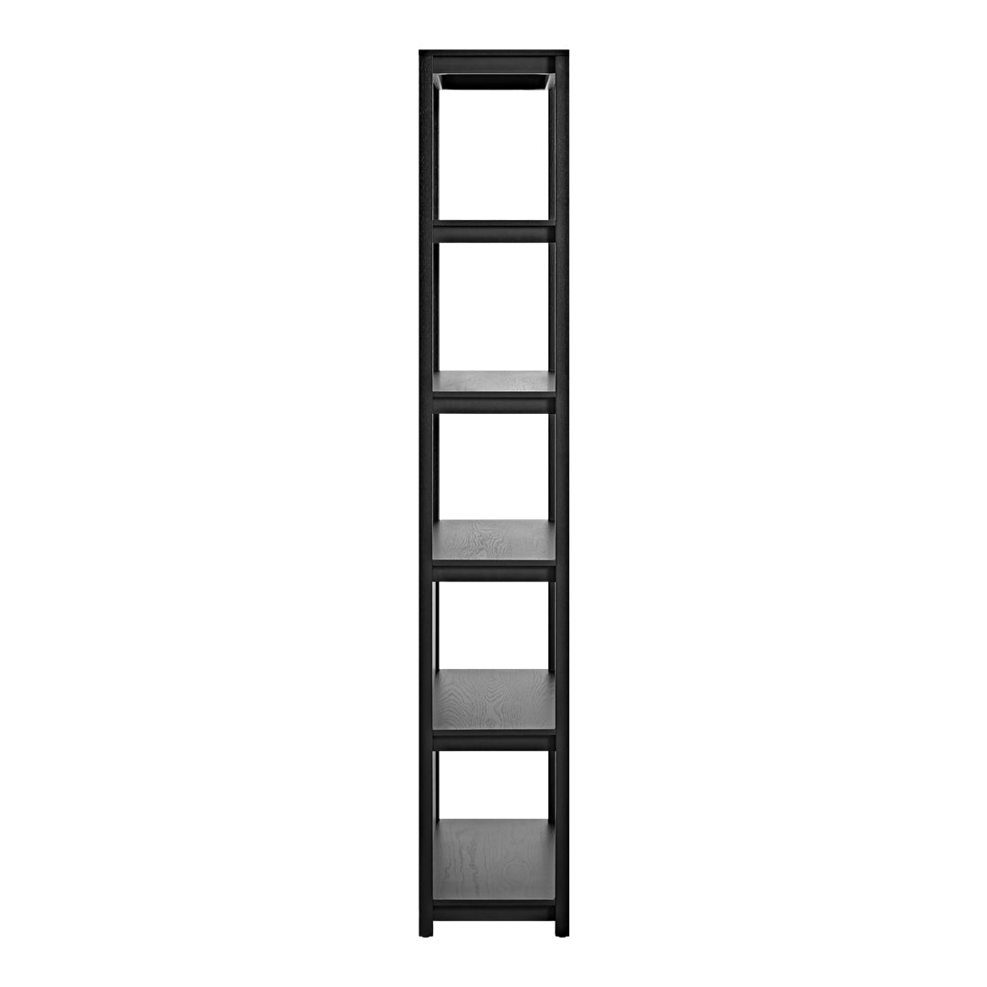 Sleek black tall shelving unit with six open shelves and a minimalist design, perfect for modern decor.