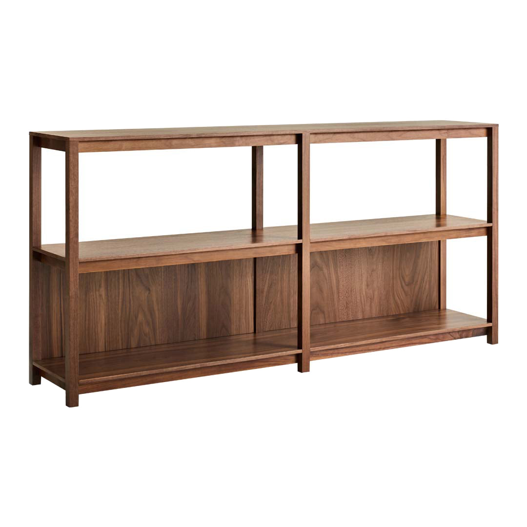 Wooden bookshelf in rich walnut finish with clean lines and open shelving design for modern decor.