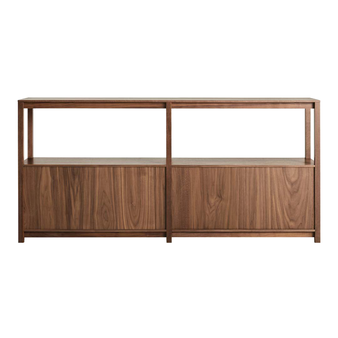 Modern walnut media console with a sleek, woodgrain pattern and clean lines in a rich brown finish.