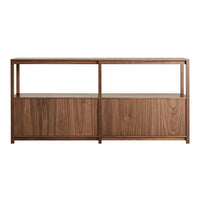 Modern walnut media console with a sleek, woodgrain pattern and clean lines in a rich brown finish.