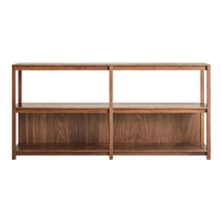 "Modern walnut wood shelf with a sleek, minimalist design and rich brown hues, featuring open space for display."