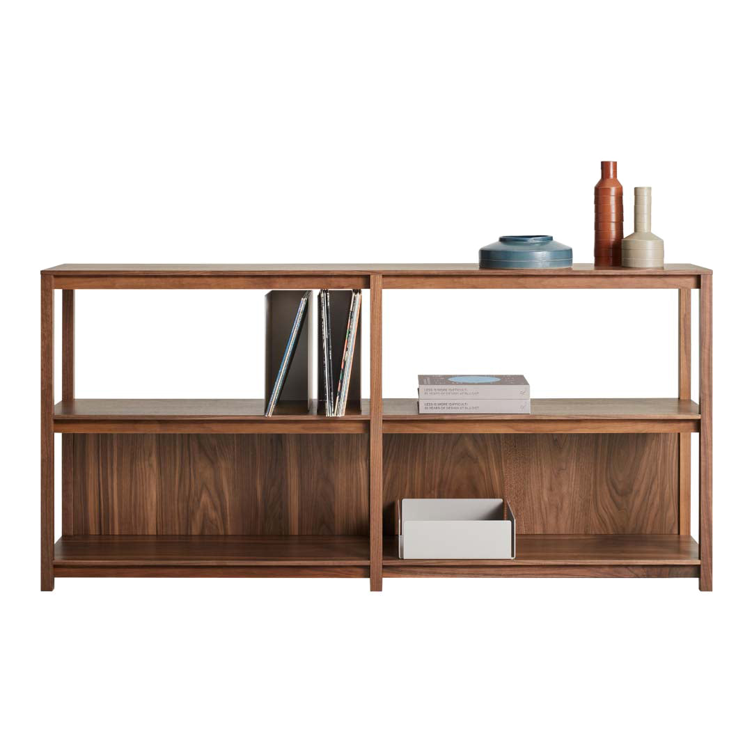 Modern wooden shelving unit in rich walnut finish, featuring open shelves and smooth lines for a contemporary look.