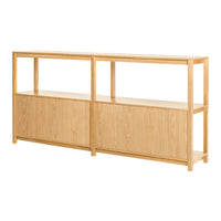 Light oak wood sideboard with natural grain, featuring open shelves and two lower cabinet doors. Simple, modern design.