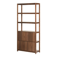 "Modern wooden bookshelf in rich walnut color with a sleek design and smooth, minimal grain pattern."