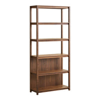 "Elegant brown wood bookshelf with a sleek design and five spacious shelves for storage."