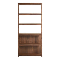 Wooden bookshelf in rich walnut finish, featuring smooth lines and natural grain patterns. Ideal for modern decor.