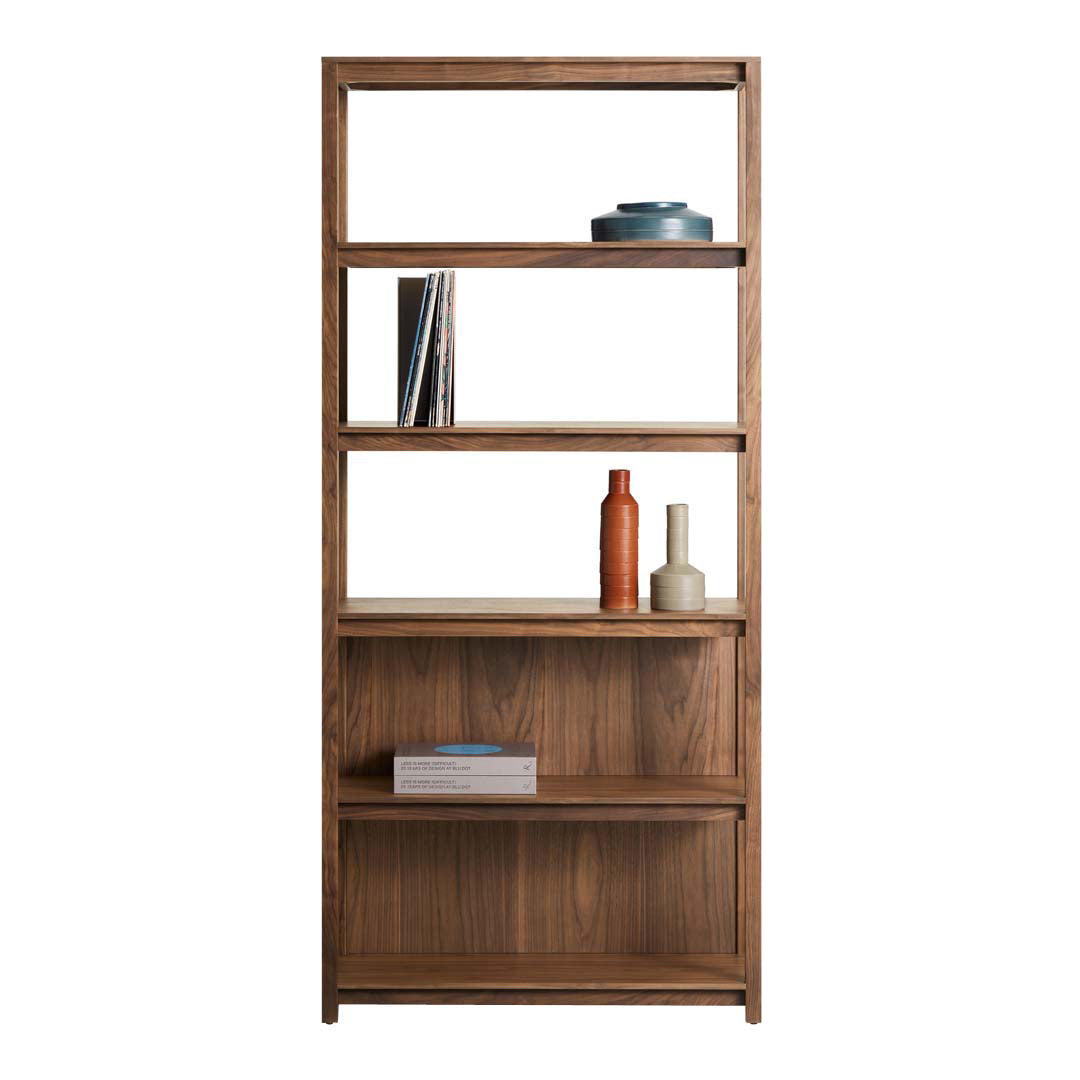 Wooden bookshelf in rich walnut finish, featuring sleek lines and open shelving for a modern look.