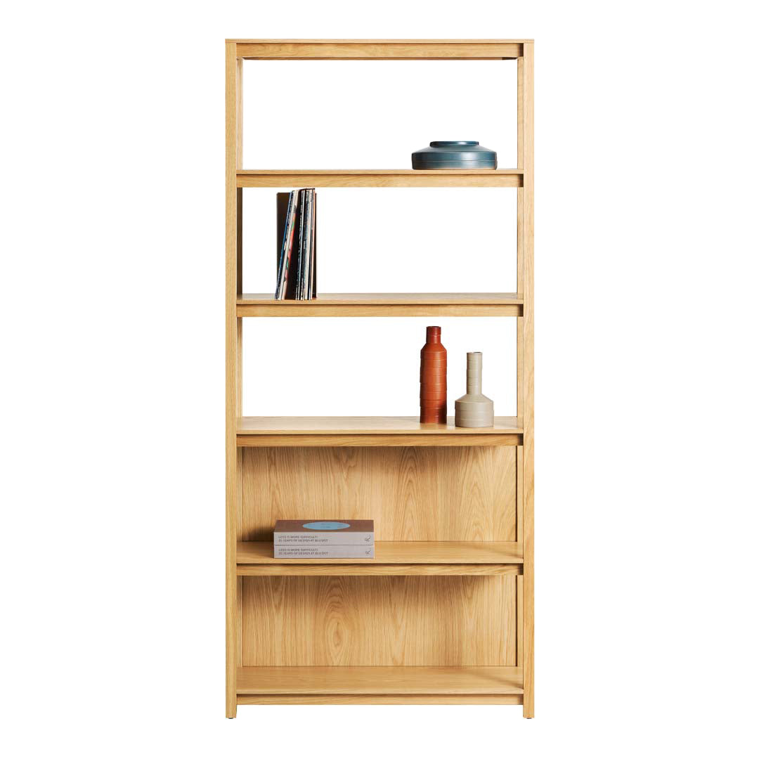 Natural wood bookshelf in light oak finish, featuring clean lines and minimalistic shelves for modern decor.