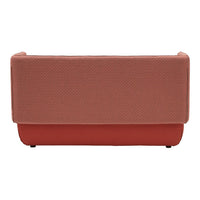 Back view of a two-tone sofa in textured coral and solid terracotta colors, showcasing a modern, minimalistic design.