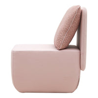 Soft pink minimalist chair with textured floral cushion detail, perfect for modern decor.
