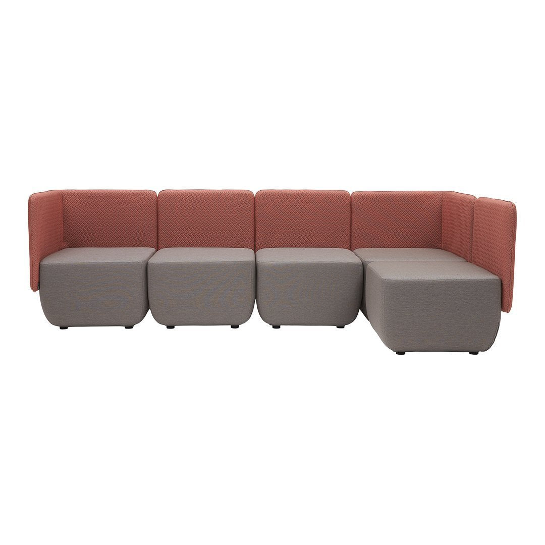 Modern sectional sofa in coral and gray with sleek, minimalist design and soft, fabric upholstery.