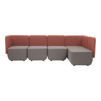 Modern sectional sofa in coral and gray with sleek, minimalist design and soft, fabric upholstery.