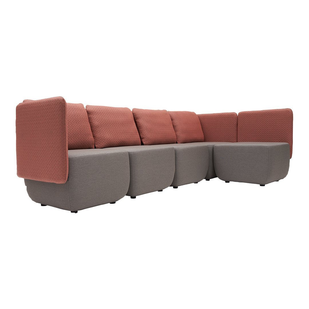Modern sectional sofa featuring a pink and gray color scheme with smooth, minimalist lines and plush cushions.