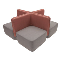 "Geometric seating in soft gray and coral colors with textured accents, ideal for modern interiors."
