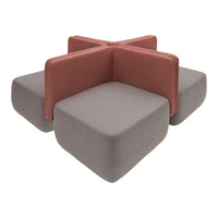 Modern geometric couch with soft gray and rust-colored fabric, featuring clean lines and minimalistic design.