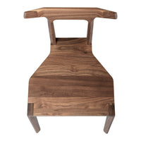Natural walnut wood chair with rich brown tones and a sleek, minimalist design, featuring smooth surfaces and clean lines.