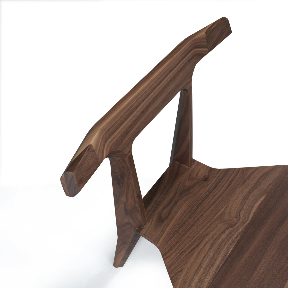 Elegant walnut wood chair with rich dark brown hues and smooth, natural wood grain patterns. Ideal for modern decor.