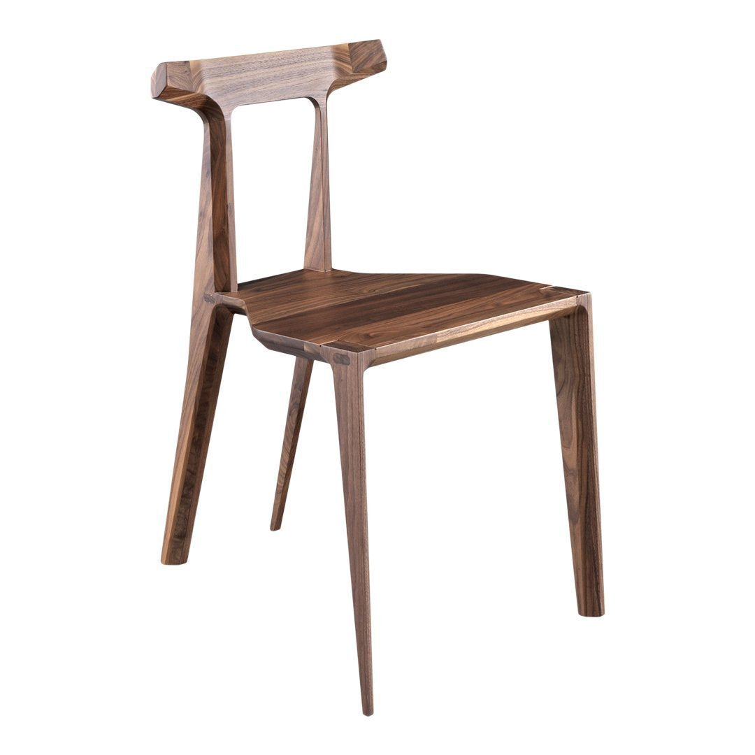 Stylish walnut wood chair with sleek lines and rich brown tones, showcasing natural grain patterns. Perfect for modern decor.