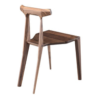 Sleek walnut dining chair featuring a smooth, rich brown finish and minimalist design with clean lines.