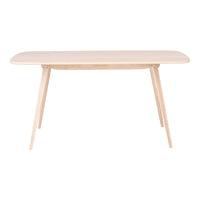 Light natural wood dining table with smooth, rounded edges and tapered legs, showcasing a minimalist Scandinavian design.