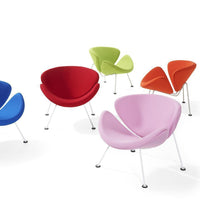 Colorful modern chairs in vibrant hues: blue, red, green, orange, and pink with sleek white legs and unique petal shapes.