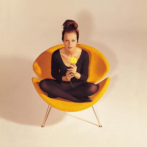 Vibrant orange chair with soft, rounded edges and sleek silver legs, set against a neutral backdrop.