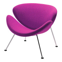 Vibrant pink lounge chair with a smooth, curved design and chrome legs, adding a pop of color to any space.