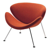 Elegant orange accent chair with a smooth, curvy shape and sleek metallic legs, perfect for modern decor.
