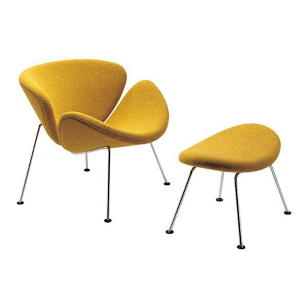 Yellow upholstered chair and ottoman set with sleek black legs, featuring smooth, modern curves and minimalistic design.