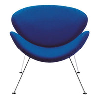 "Vibrant blue modern chair with smooth curves and minimalist metal legs, adding a pop of color to any space."