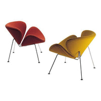 Red and yellow modern chairs with curved fabric and sleek black legs, featuring a stylish, contemporary design.