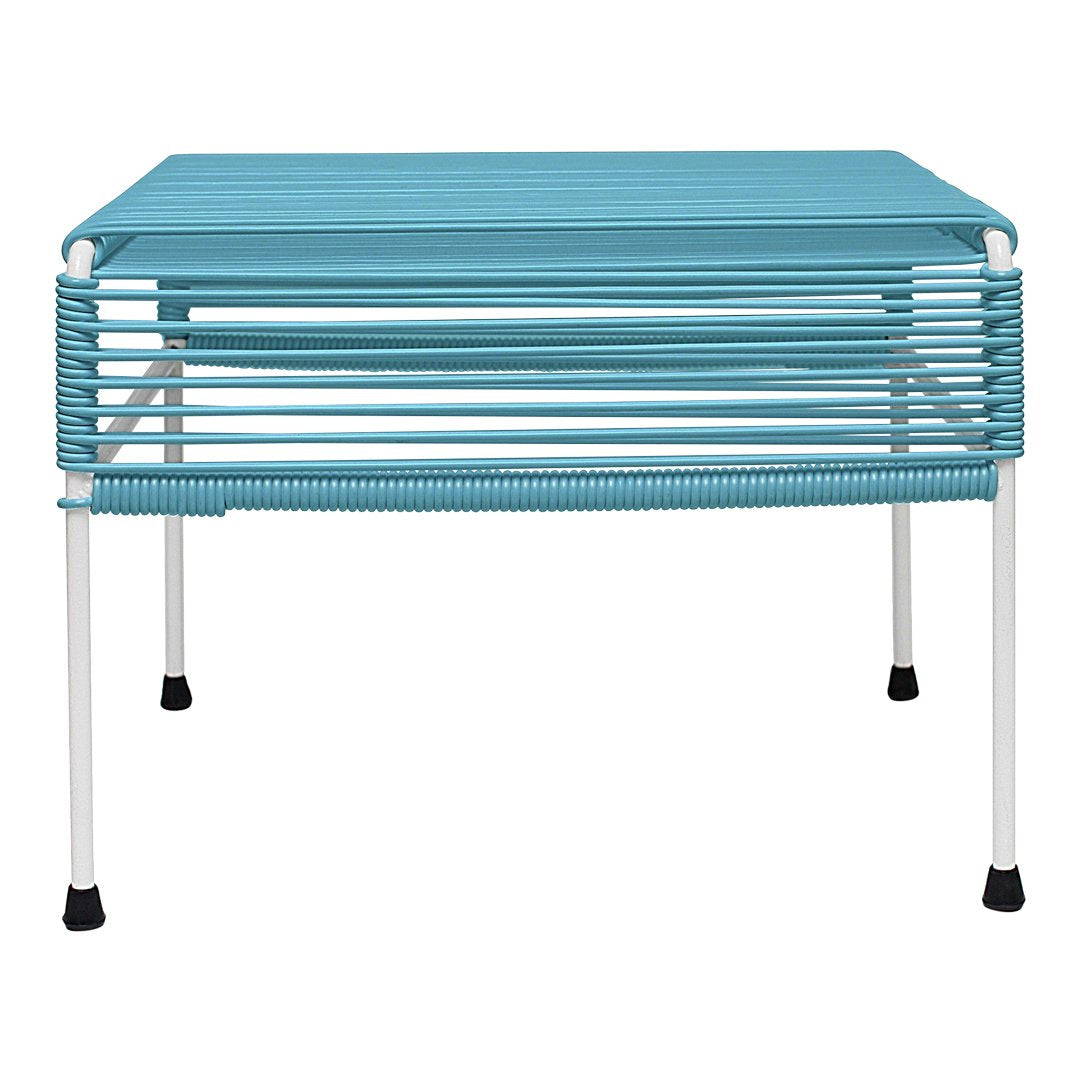 Blue striped tabletop with sleek white legs, perfect for a modern and stylish accent in any space.