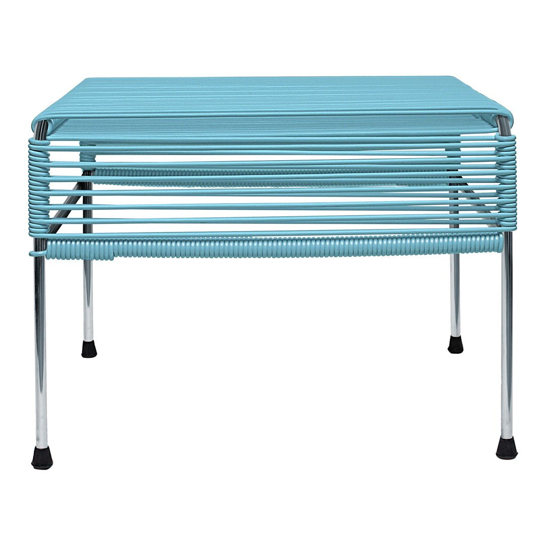 Light blue metal table with a sleek, horizontal slatted design and chrome legs, perfect for modern decor.